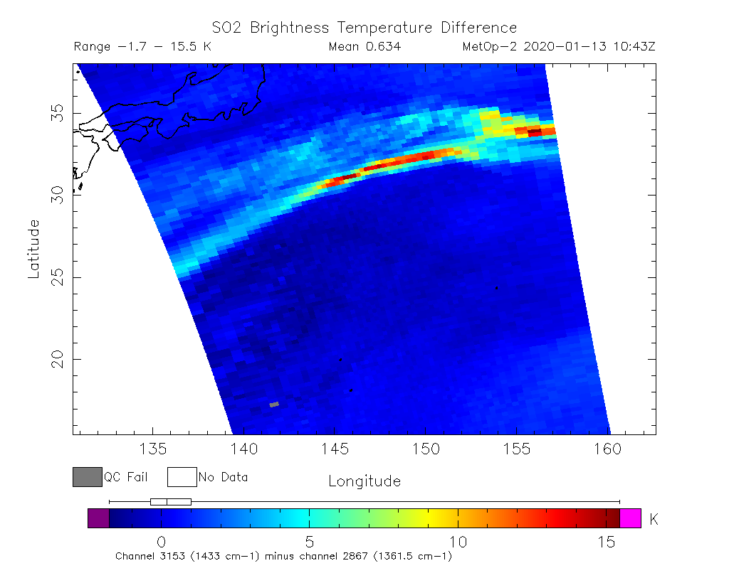SO2 Brightness Temperature Difference 2020-01-13 10:43Z