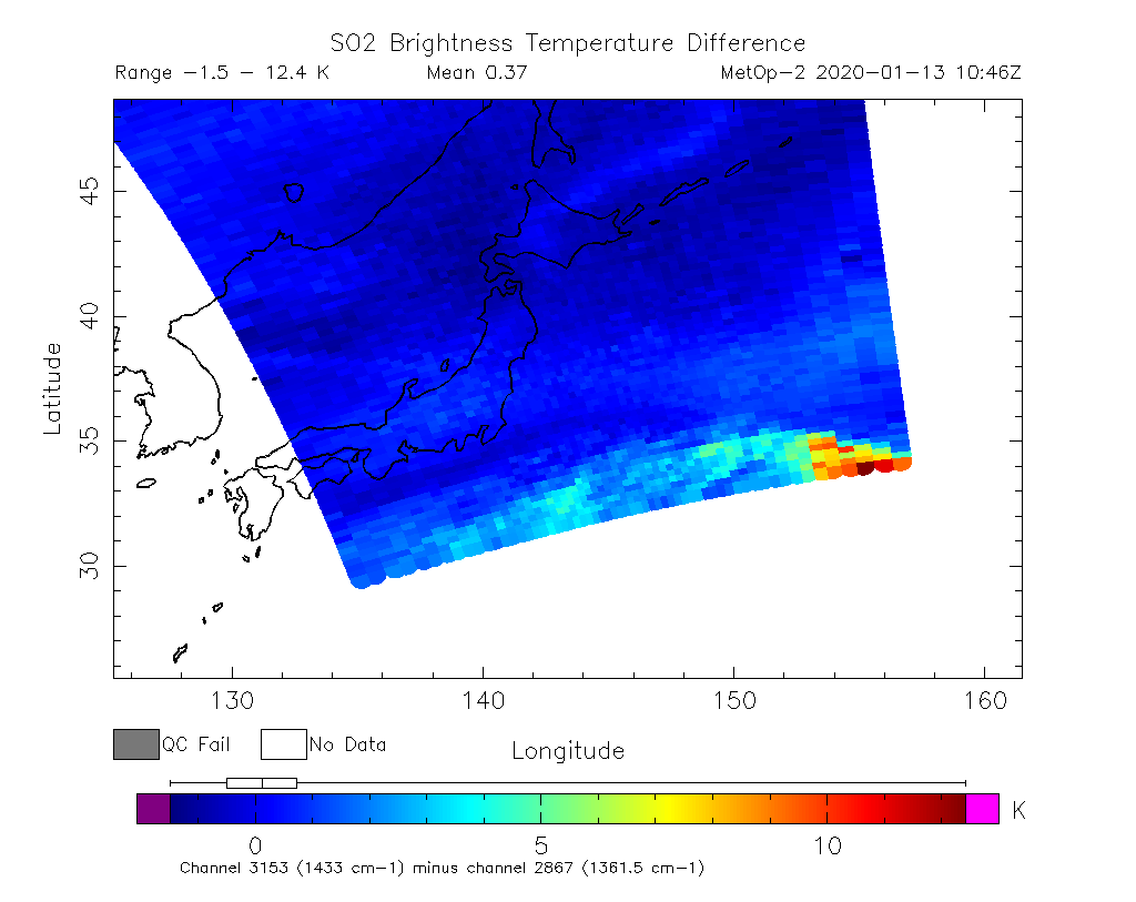 SO2 Brightness Temperature Difference 2020-01-13 10:46Z