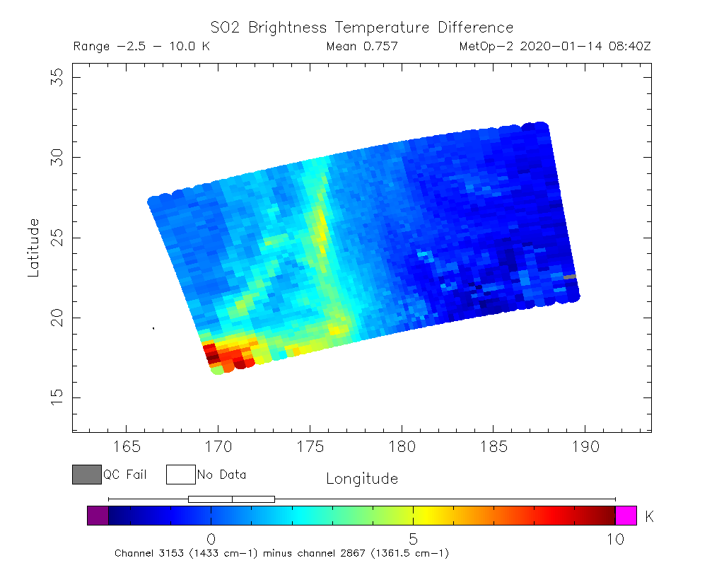 SO2 Brightness Temperature Difference 2020-01-14 08:40Z