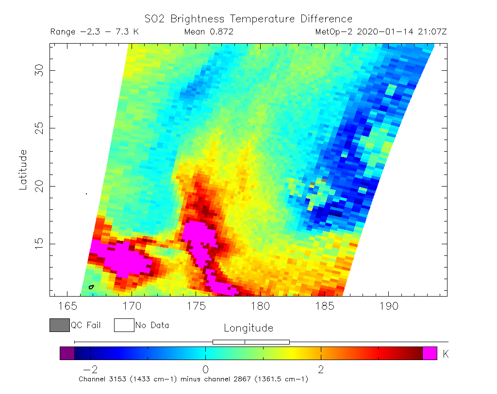 SO2 Brightness Temperature Difference 2020-01-14 21:07Z