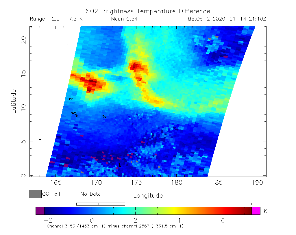 SO2 Brightness Temperature Difference 2020-01-14 21:10Z