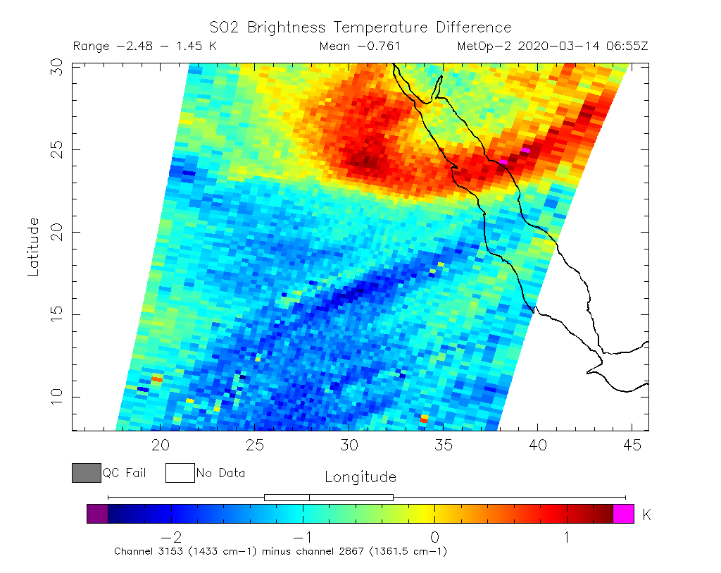 SO2 Brightness Temperature Difference 2020-03-14 06:55Z