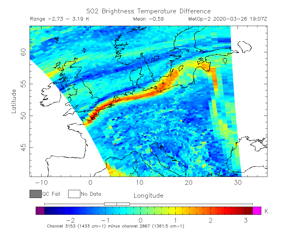 SO2 Brightness Temperature Difference 2020-03-26 19:07Z