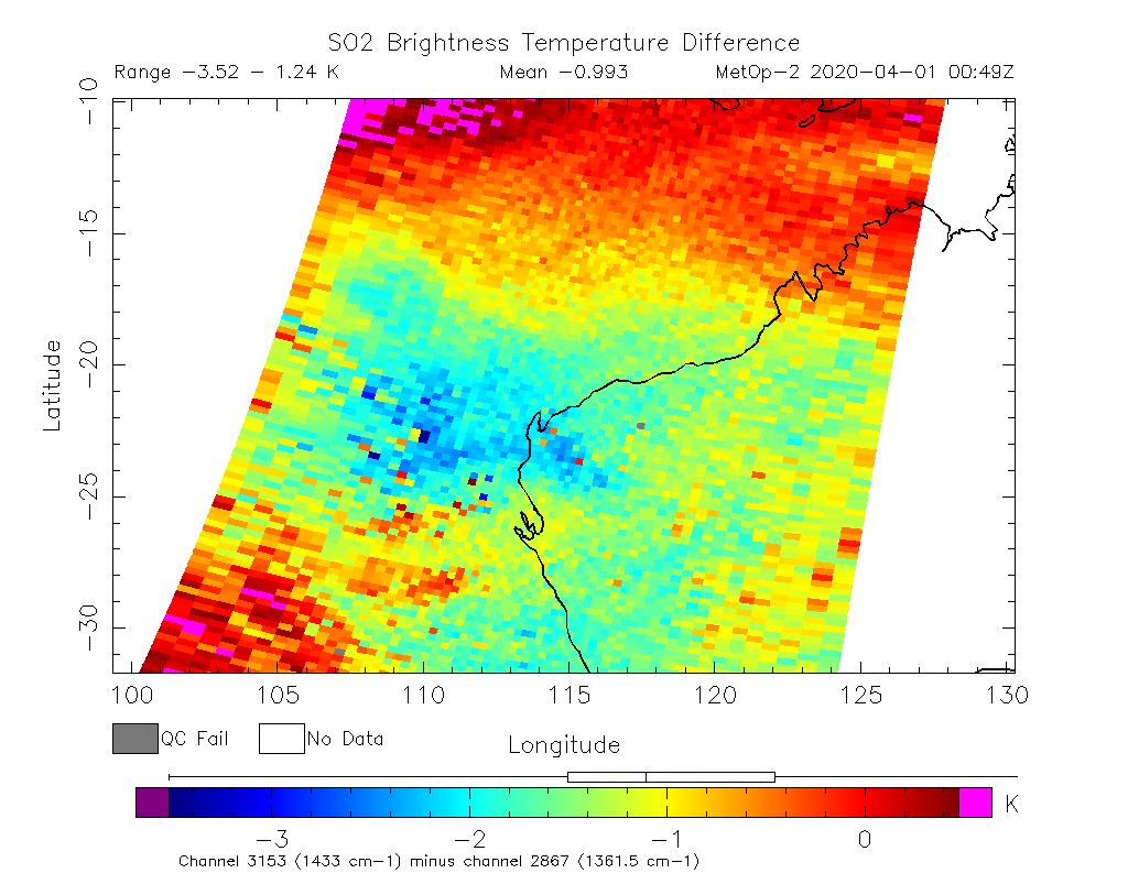SO2 Brightness Temperature Difference 2020-04-01 00:49Z