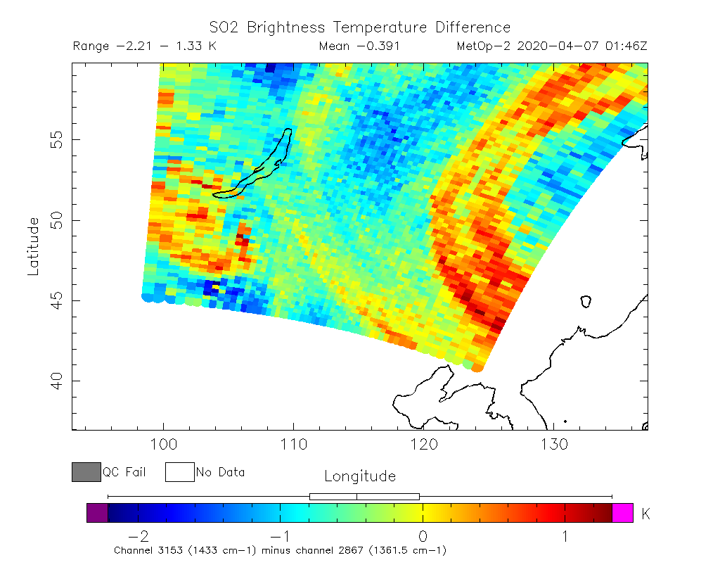 SO2 Brightness Temperature Difference 2020-04-07 01:46Z