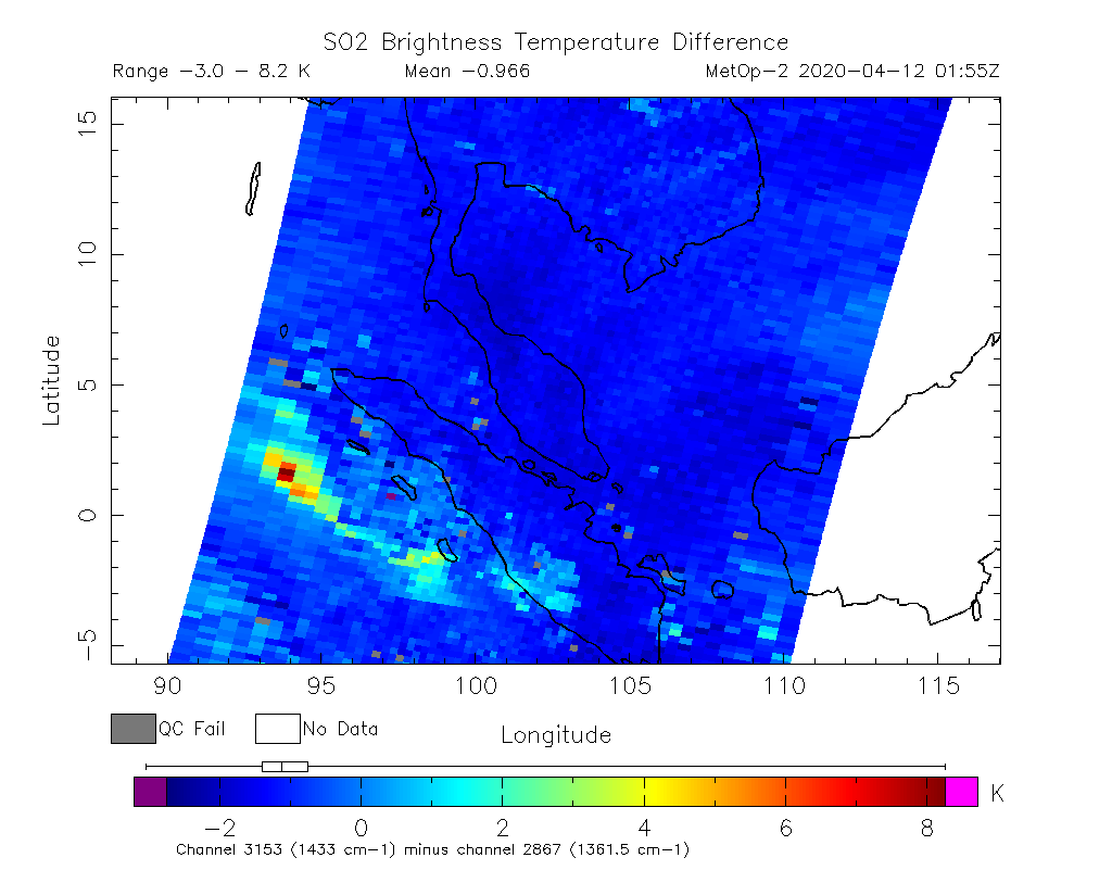 SO2 Brightness Temperature Difference 2020-04-12 01:55Z