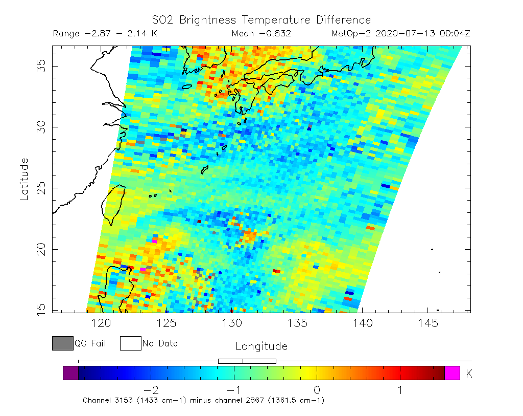 SO2 Brightness Temperature Difference 2020-07-13 00:04Z