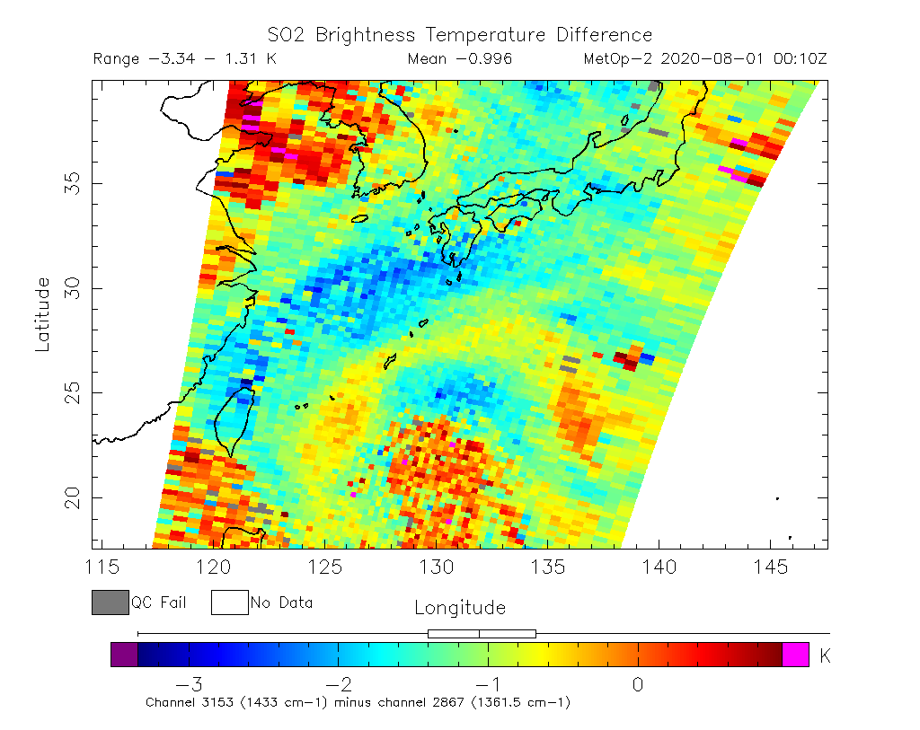 SO2 Brightness Temperature Difference 2020-08-01 00:10Z
