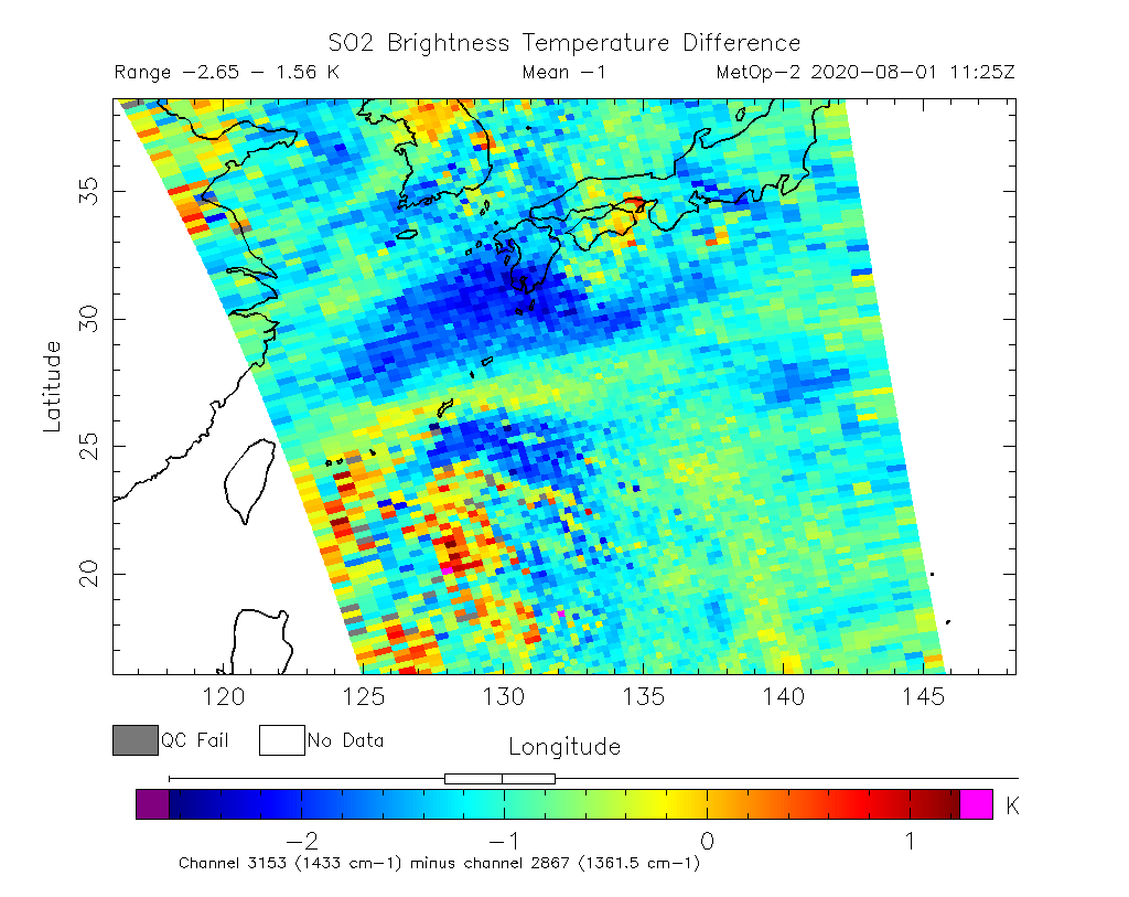 SO2 Brightness Temperature Difference 2020-08-01 11:25Z