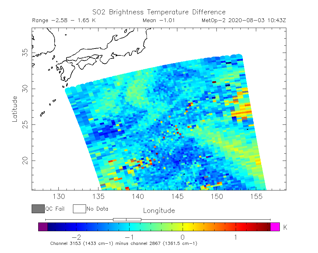 SO2 Brightness Temperature Difference 2020-08-03 10:43Z