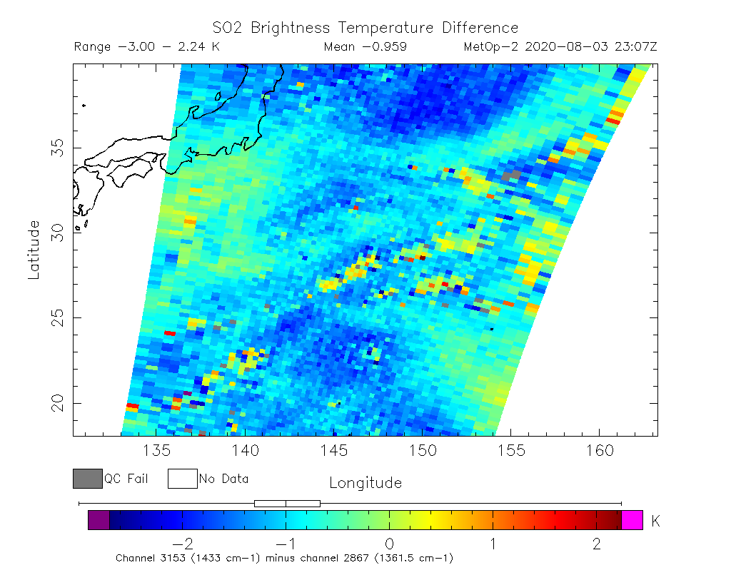 SO2 Brightness Temperature Difference 2020-08-03 23:07Z