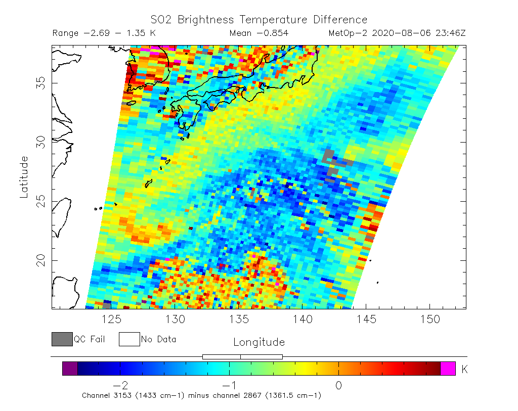 SO2 Brightness Temperature Difference 2020-08-06 23:46Z
