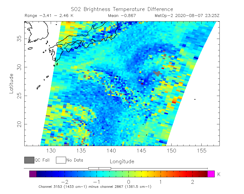 SO2 Brightness Temperature Difference 2020-08-07 23:25Z