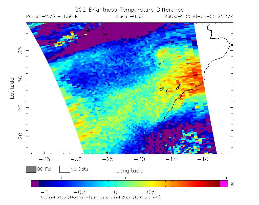 SO2 Brightness Temperature Difference 2020-08-25 21:37Z