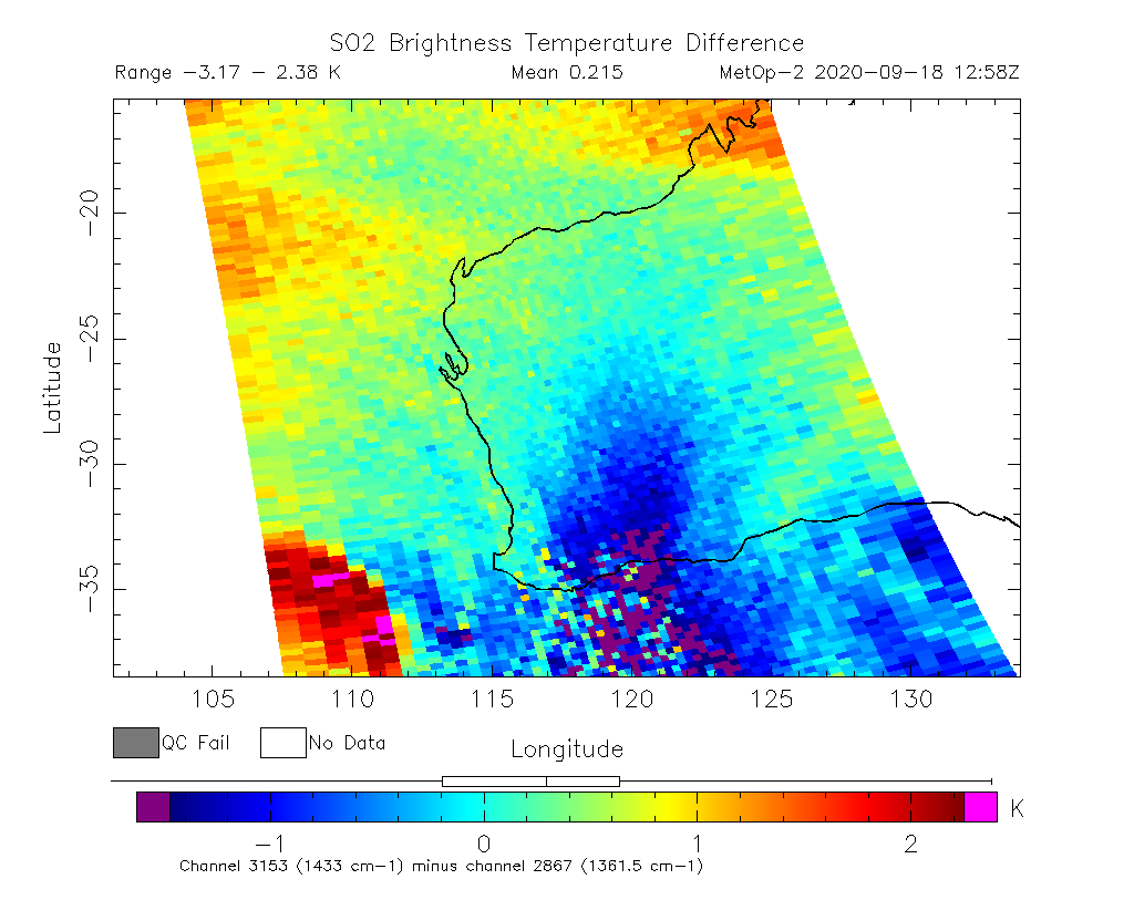 SO2 Brightness Temperature Difference 2020-09-18 12:58Z