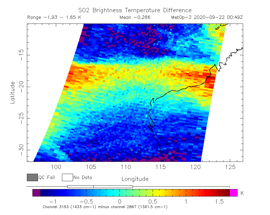 SO2 Brightness Temperature Difference 2020-09-22 00:49Z