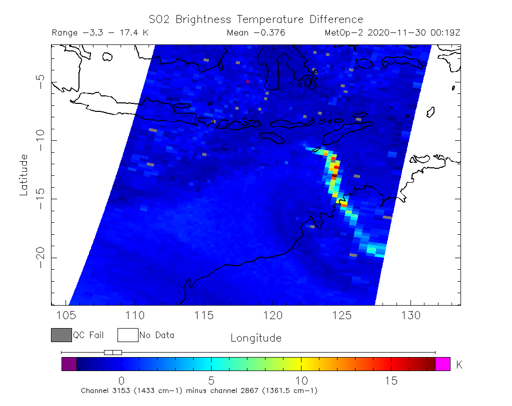 SO2 Brightness Temperature Difference 2020-11-30 00:19Z