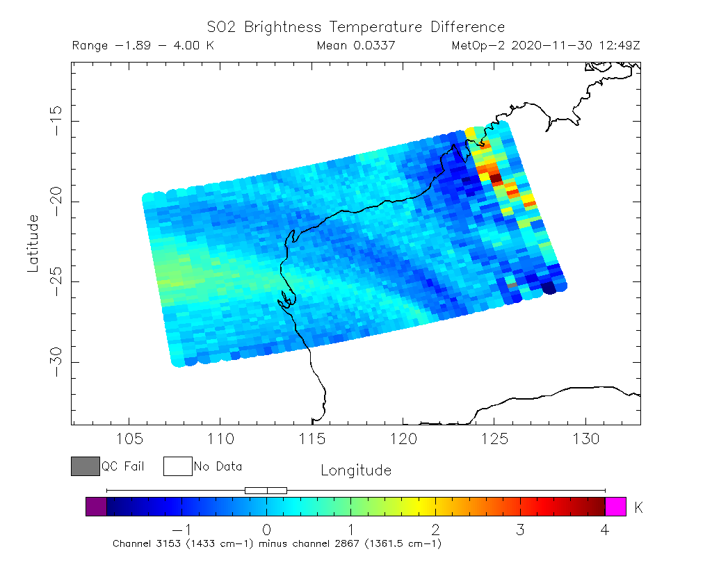 SO2 Brightness Temperature Difference 2020-11-30 12:49Z
