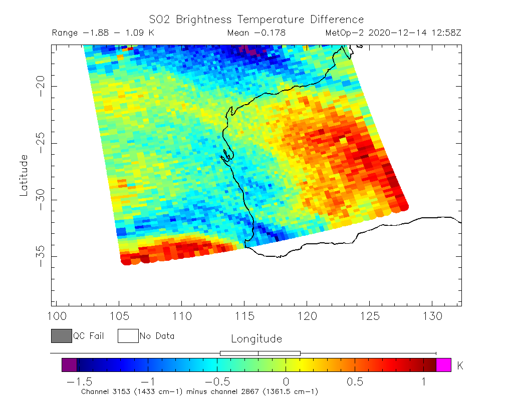 SO2 Brightness Temperature Difference 2020-12-14 12:58Z
