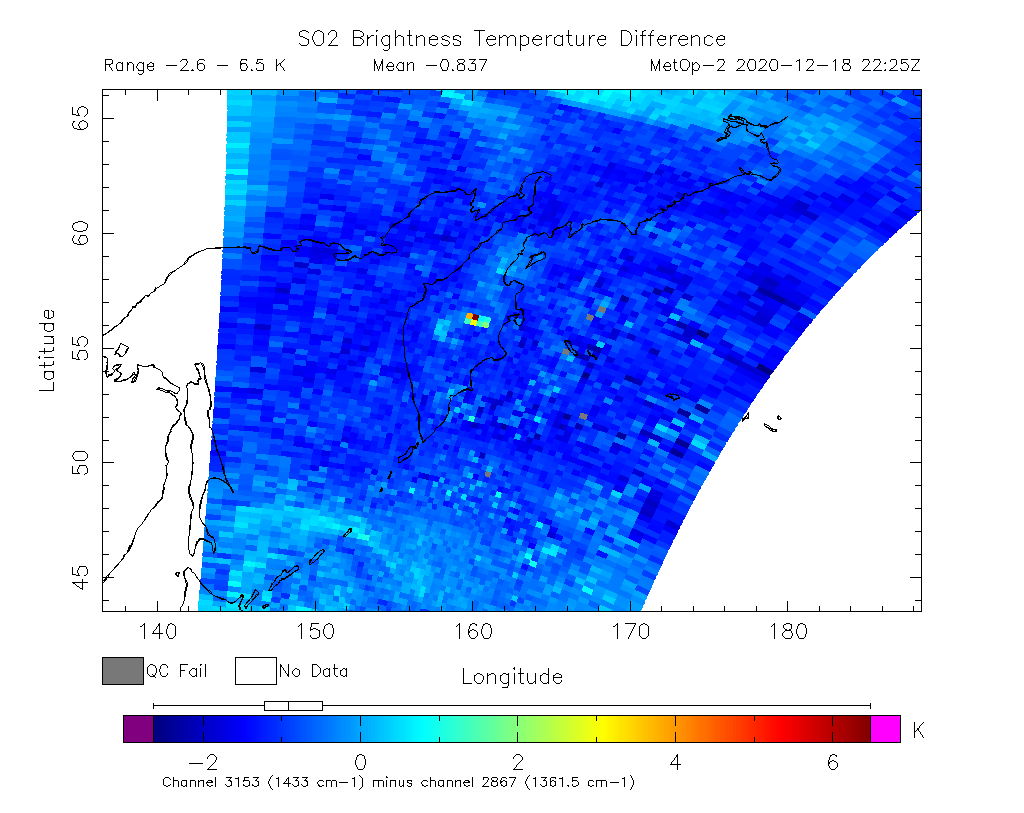 SO2 Brightness Temperature Difference 2020-12-18 22:25Z