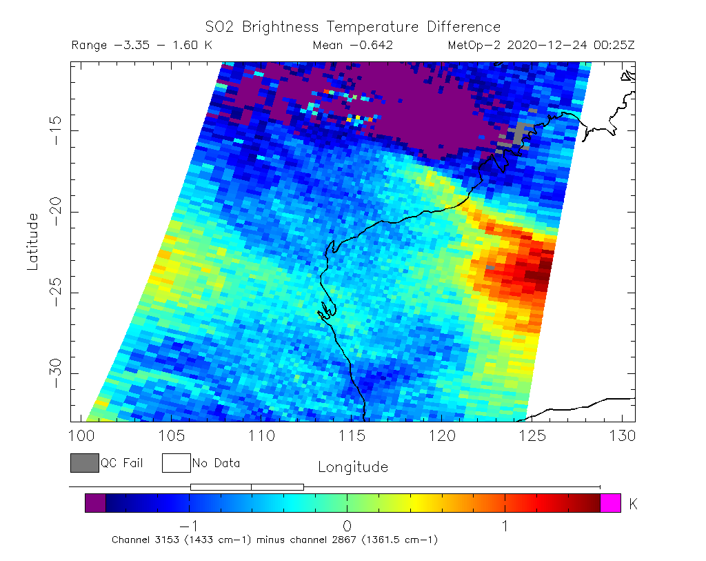 SO2 Brightness Temperature Difference 2020-12-24 00:25Z