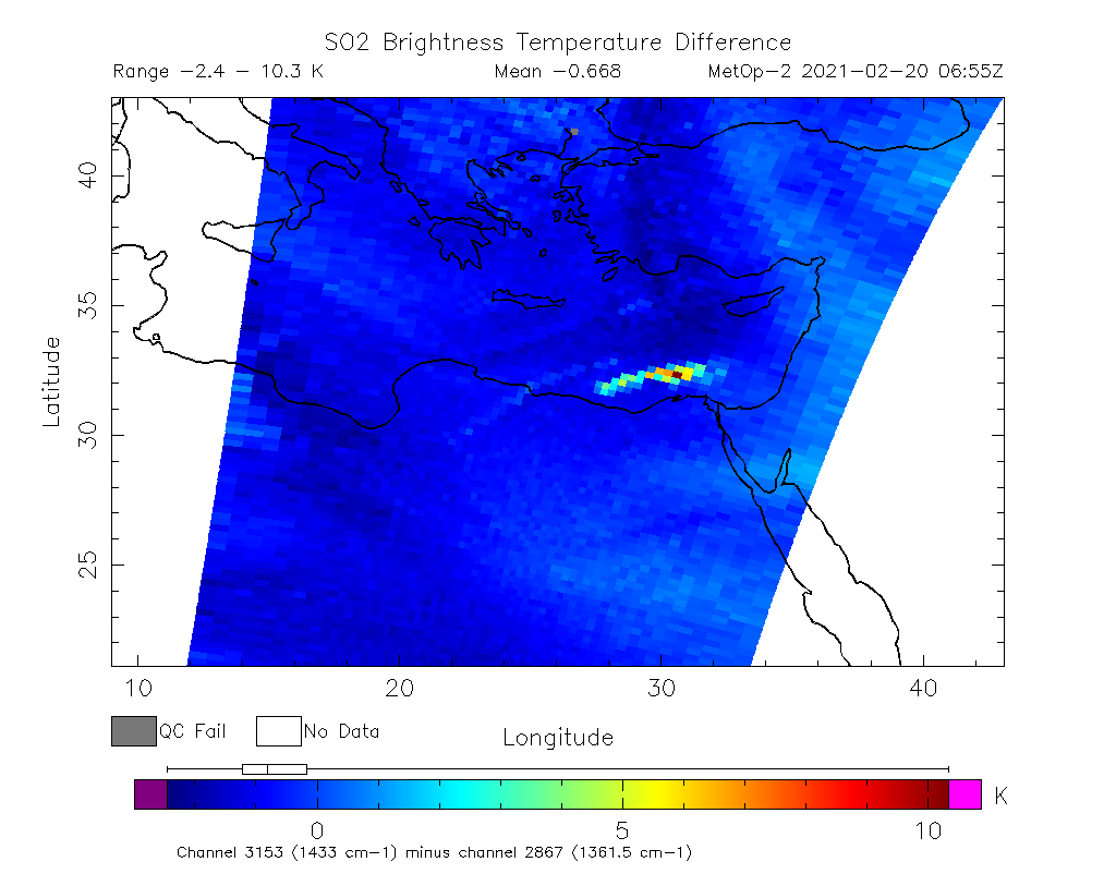 SO2 Brightness Temperature Difference 2021-02-20 06:55Z