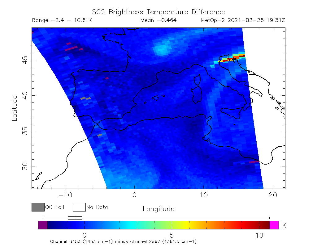 SO2 Brightness Temperature Difference 2021-02-26 19:31Z