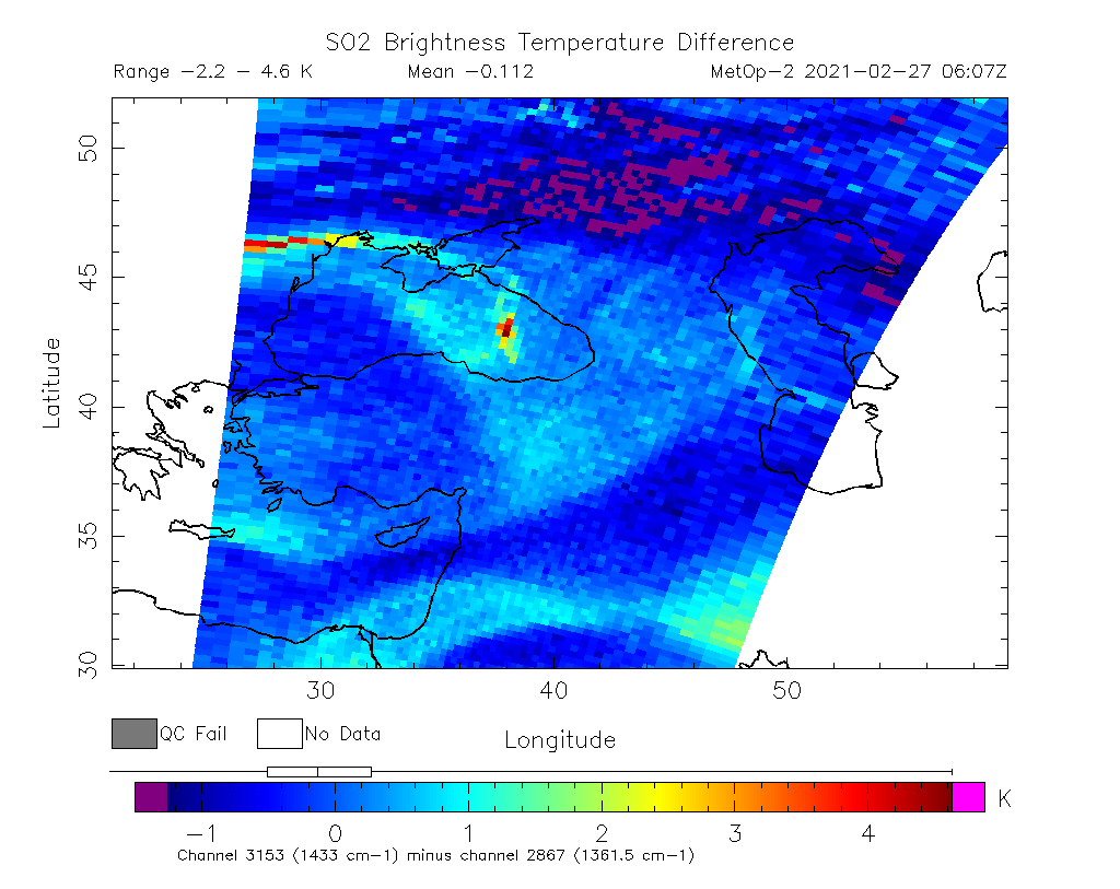 SO2 Brightness Temperature Difference 2021-02-27 06:07Z