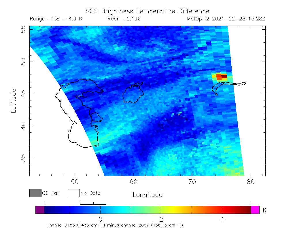 SO2 Brightness Temperature Difference 2021-02-28 15:28Z