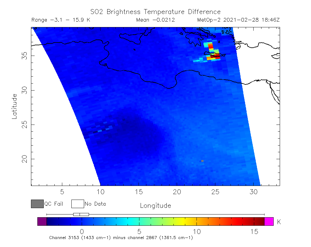 SO2 Brightness Temperature Difference 2021-02-28 18:46Z