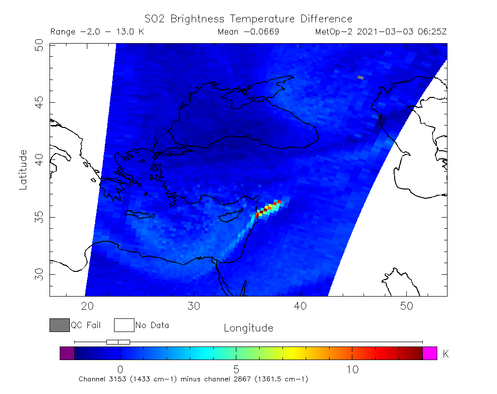 SO2 Brightness Temperature Difference 2021-03-03 06:25Z