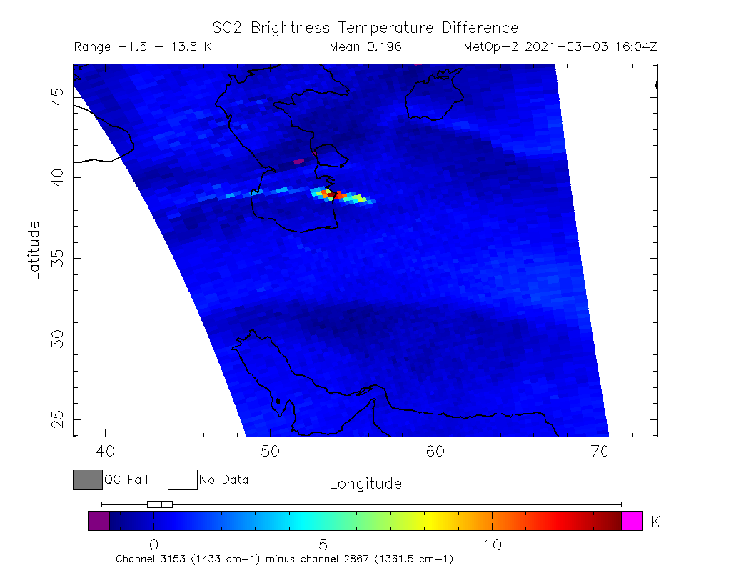 SO2 Brightness Temperature Difference 2021-03-03 16:04Z