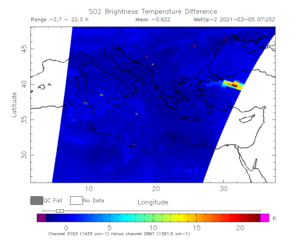SO2 Brightness Temperature Difference 2021-03-05 07:25Z