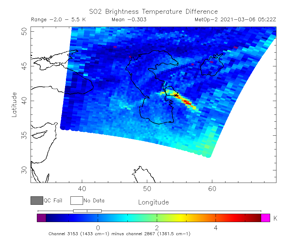 SO2 Brightness Temperature Difference 2021-03-06 05:22Z