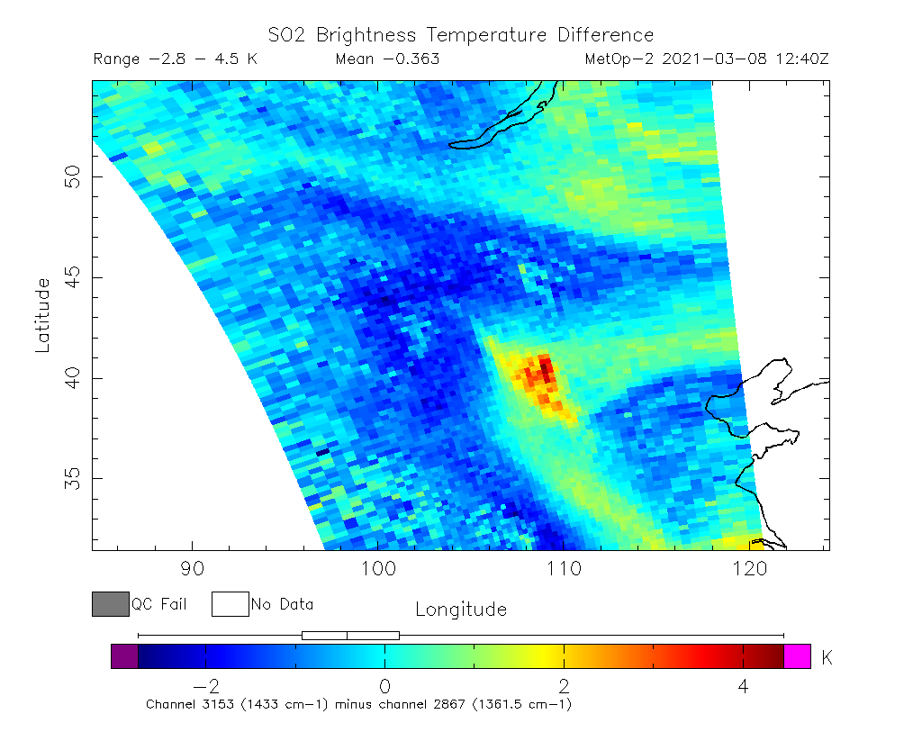 SO2 Brightness Temperature Difference 2021-03-08 12:40Z