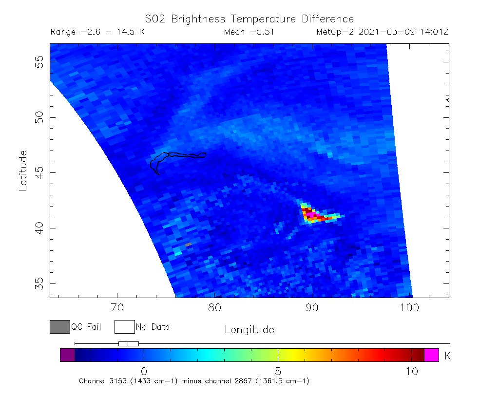 SO2 Brightness Temperature Difference 2021-03-09 14:01Z