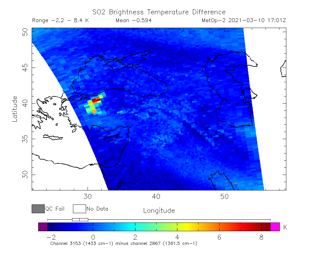 SO2 Brightness Temperature Difference 2021-03-10 17:01Z