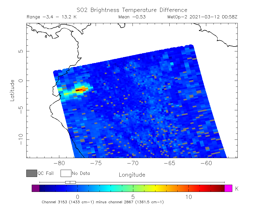 SO2 Brightness Temperature Difference 2021-03-12 00:58Z