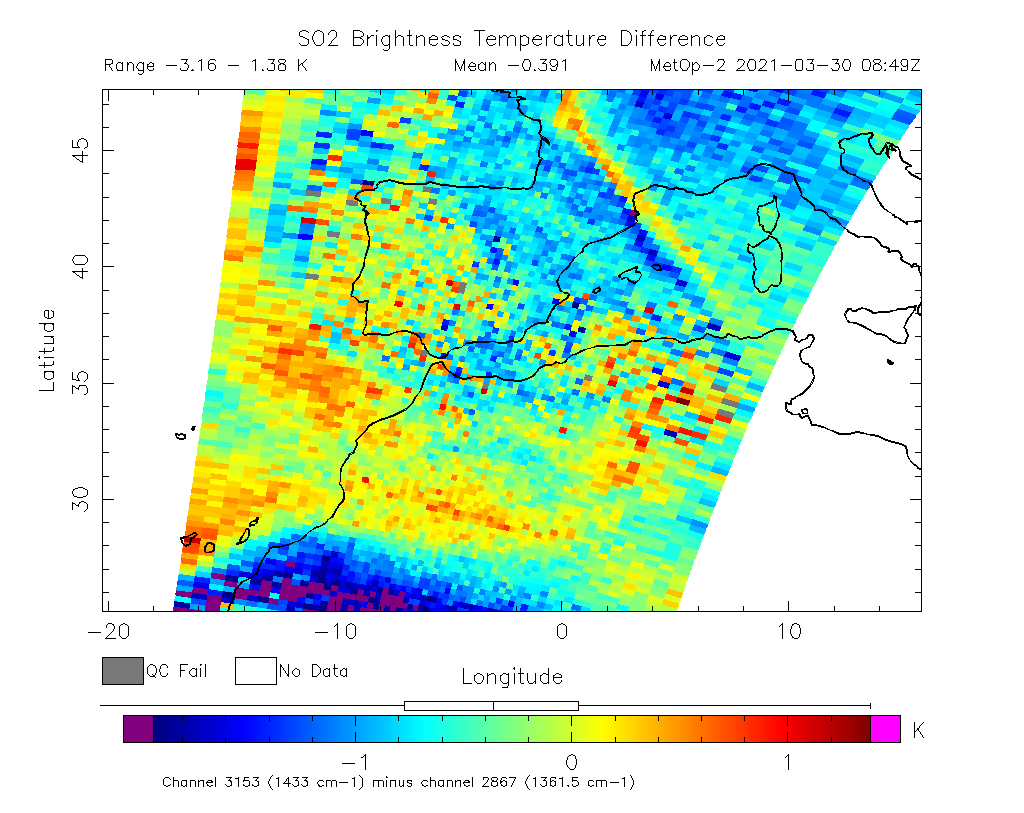 SO2 Brightness Temperature Difference 2021-03-30 08:49Z