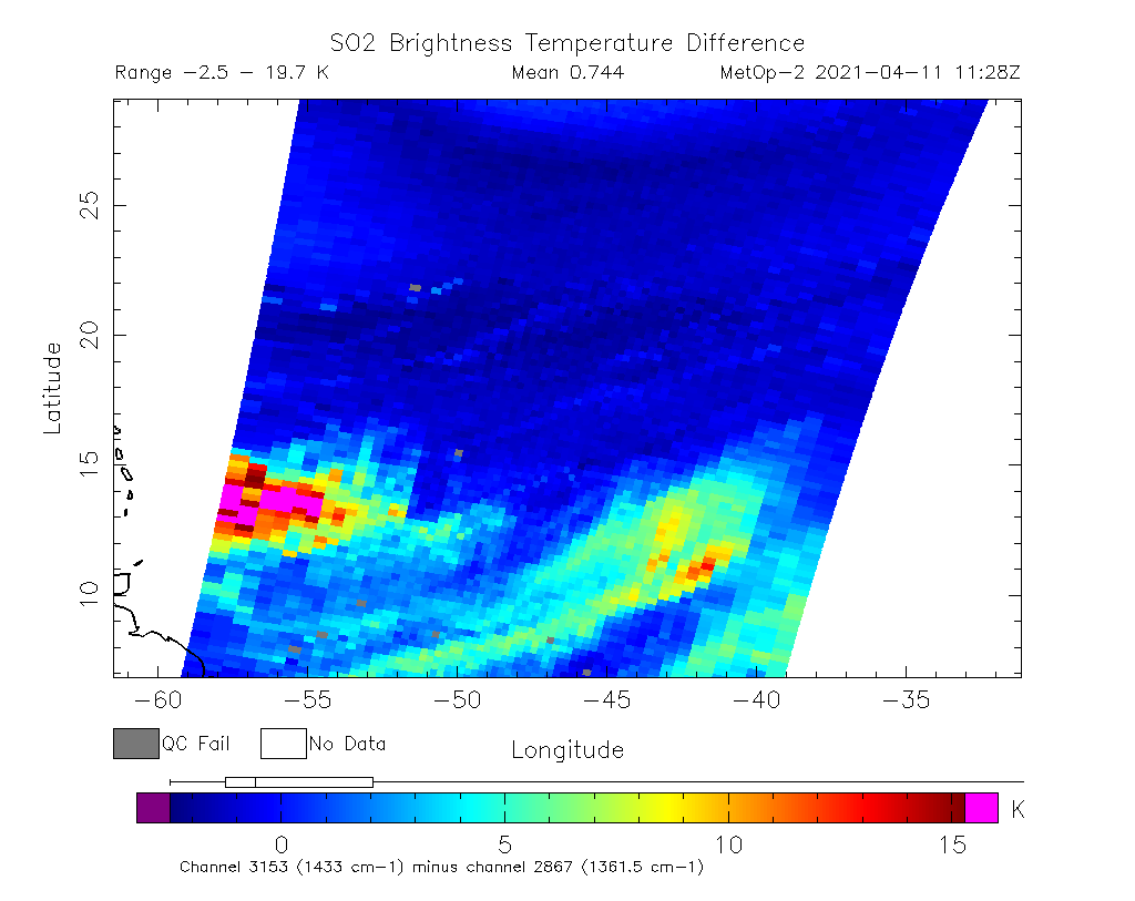 SO2 Brightness Temperature Difference 2021-04-11 11:28Z
