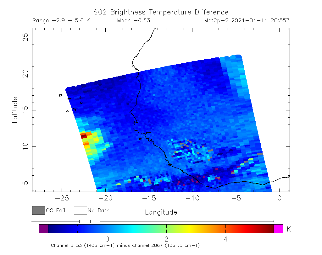 SO2 Brightness Temperature Difference 2021-04-11 20:55Z