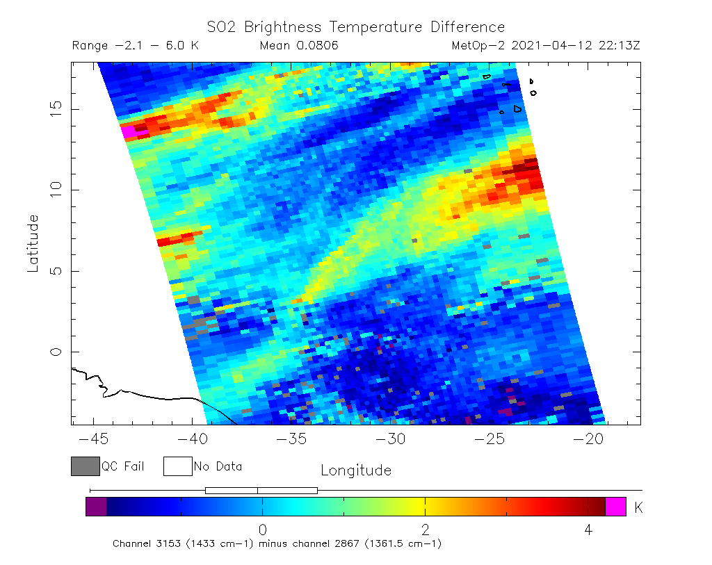 SO2 Brightness Temperature Difference 2021-04-12 22:13Z