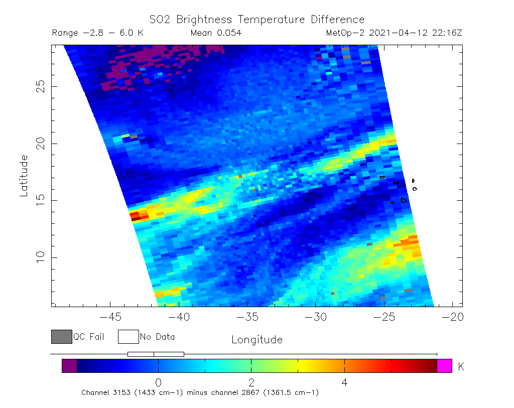 SO2 Brightness Temperature Difference 2021-04-12 22:16Z