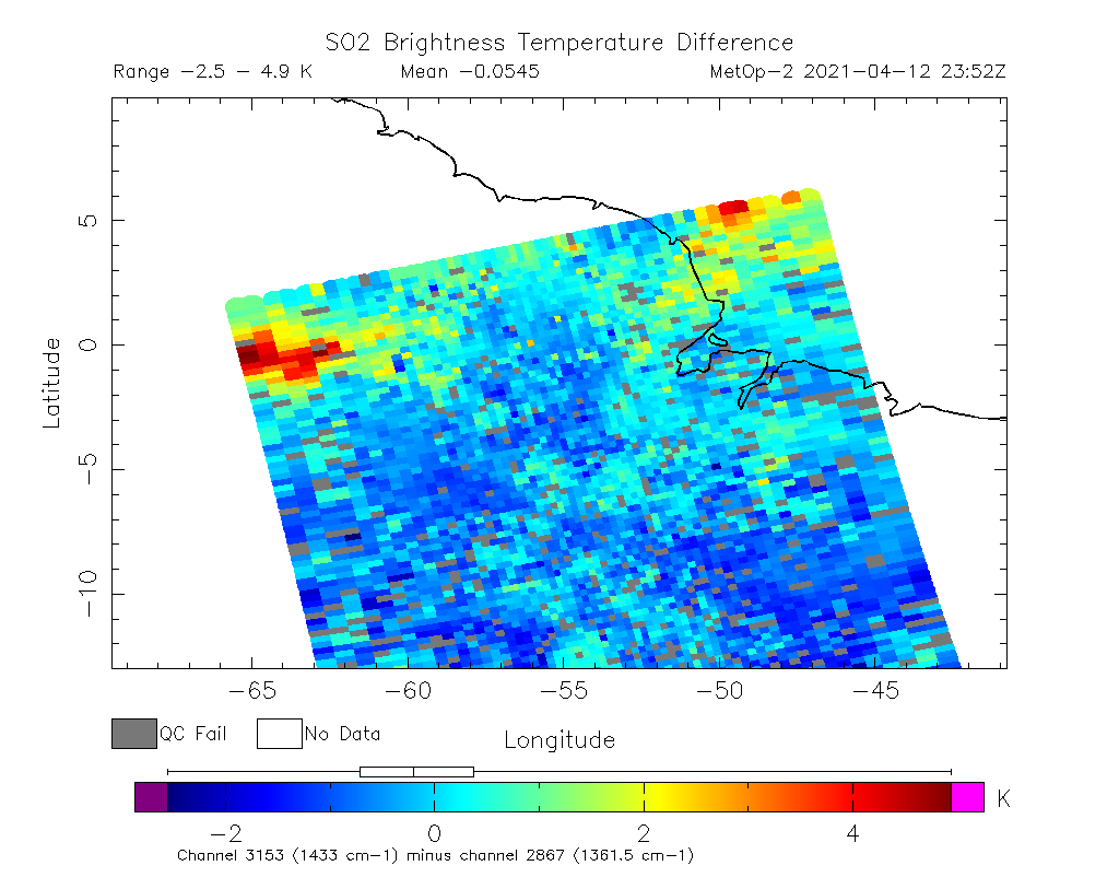 SO2 Brightness Temperature Difference 2021-04-12 23:52Z