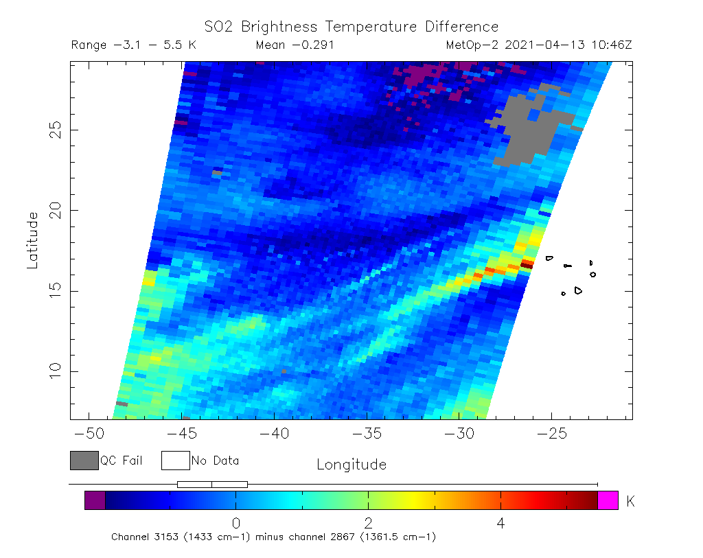 SO2 Brightness Temperature Difference 2021-04-13 10:46Z