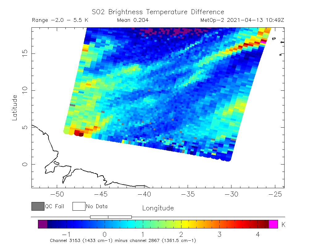 SO2 Brightness Temperature Difference 2021-04-13 10:49Z