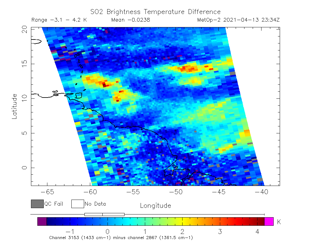 SO2 Brightness Temperature Difference 2021-04-13 23:34Z