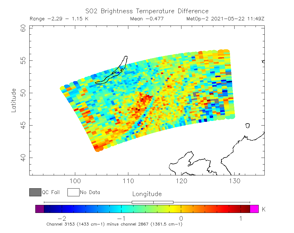 SO2 Brightness Temperature Difference 2021-05-22 11:49Z