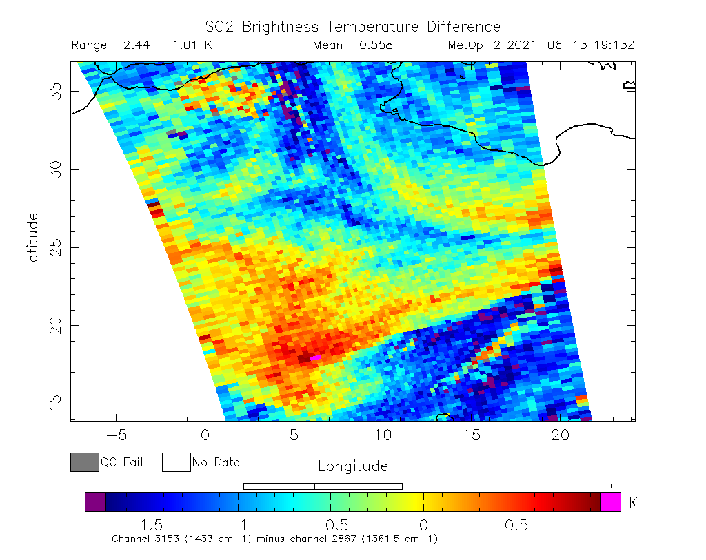 SO2 Brightness Temperature Difference 2021-06-13 19:13Z