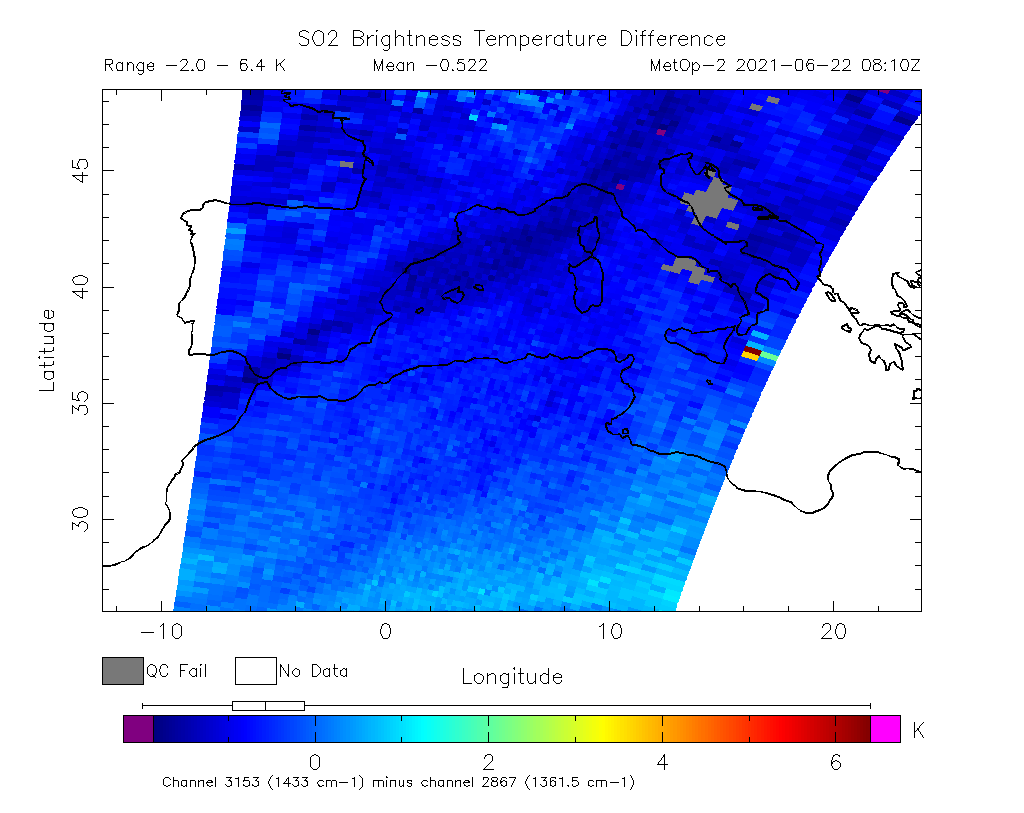 SO2 Brightness Temperature Difference 2021-06-22 08:10Z